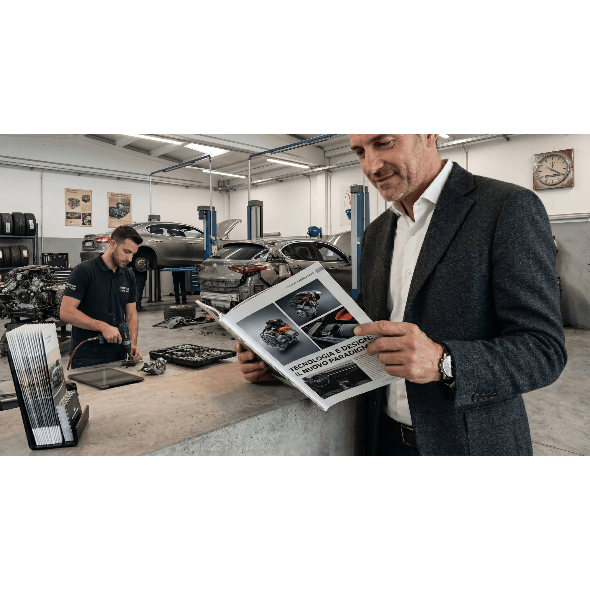 Cliente sfoglia la rivista in officina