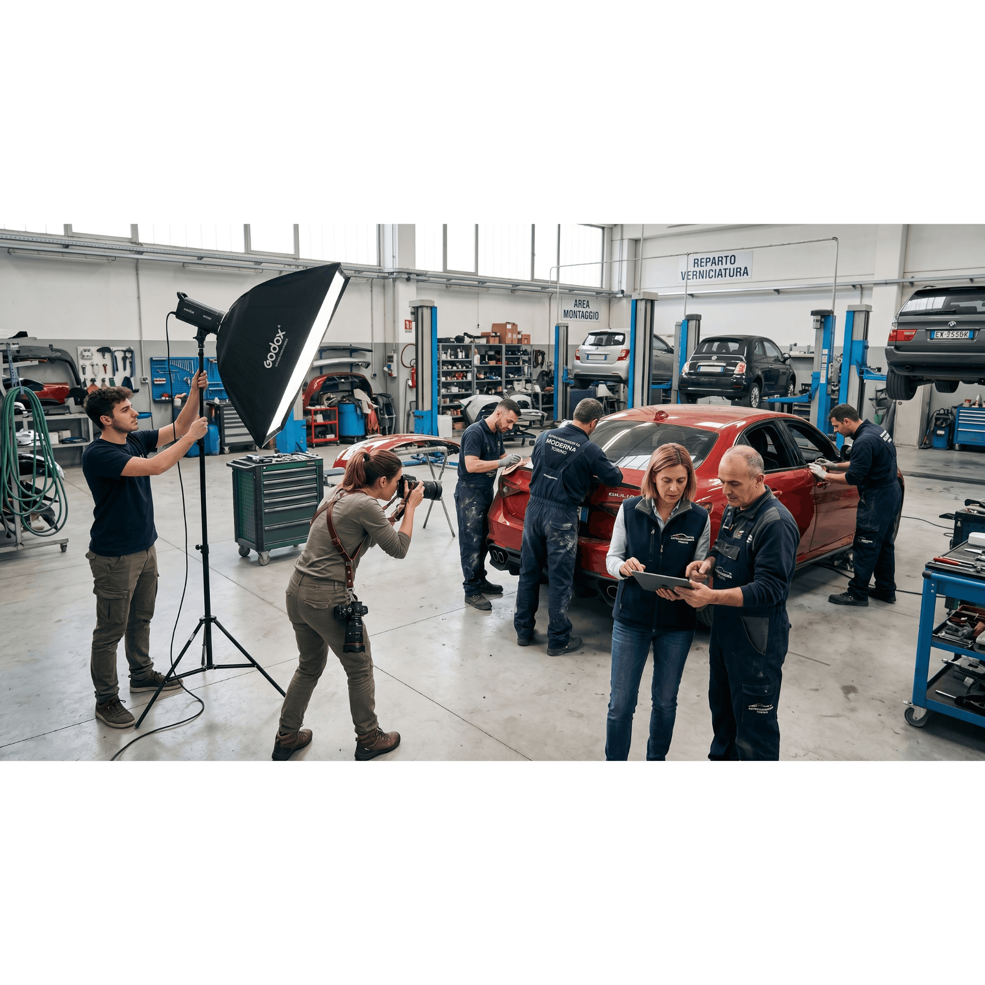 Il nostro team durante uno shooting in carrozzeria